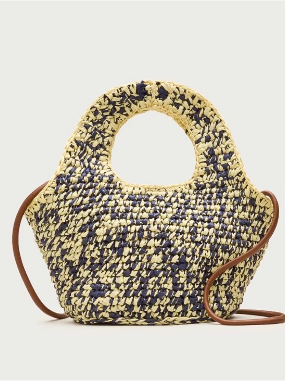 NWT, J Crew Small Handwoven Tote, Yellow & Navy Marled Straw, Leather Trim